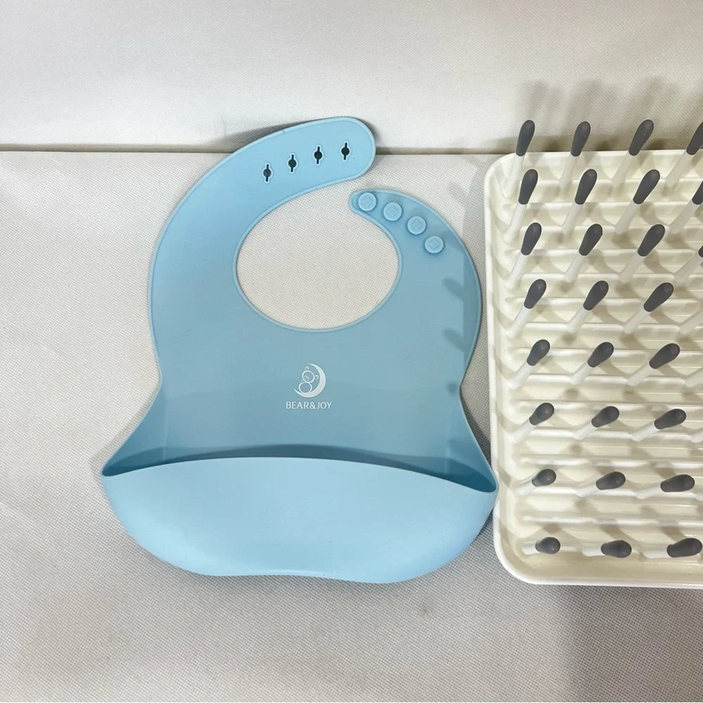 Bottle & Accessories Drying Rack And Blue Silicone Bib Bundle Lot
